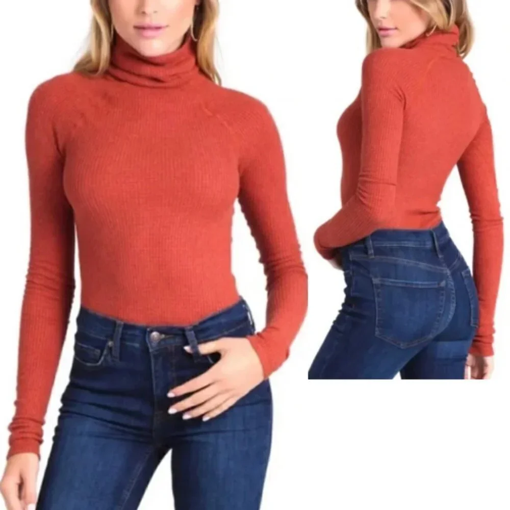 INTIMATELY FREE PEOPLE Burnt Orange Waffle Knit Turtleneck Bodysuit Size S - Picture 1 of 9